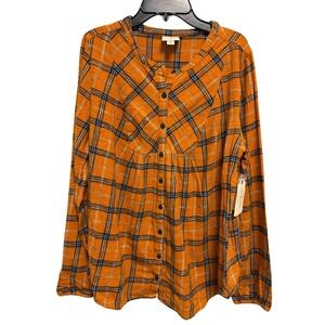 St Johns Bay Womens Gold Plaid Cotton Button Down Top Orange Navy Small NEW